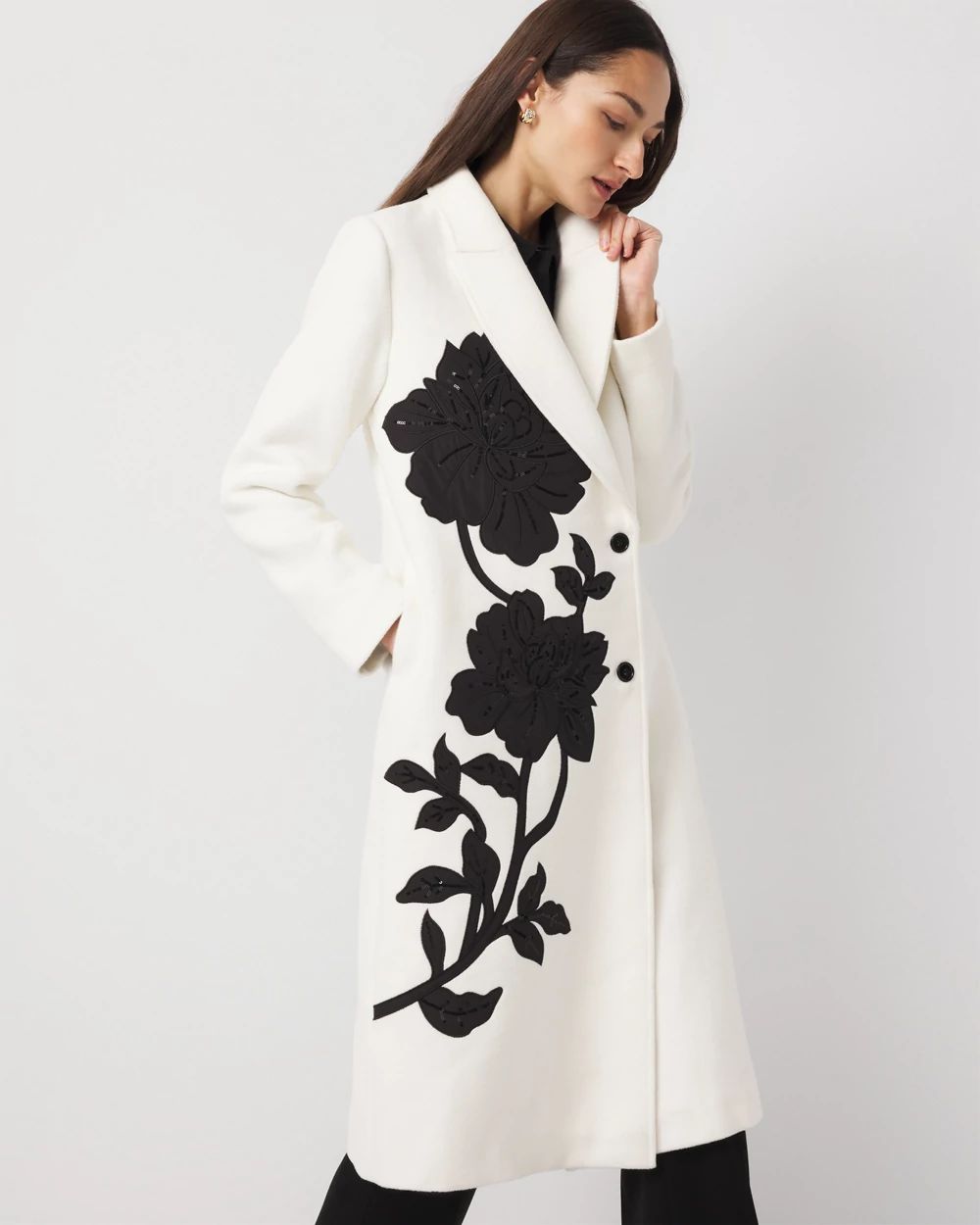 Floral Embellished Wool-Blend Melton Coat | White House Black Market